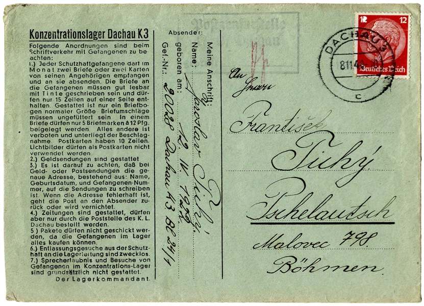Dachau Concentration Camp Letter From 1940 & Envelope, Both on Dachau Stationery